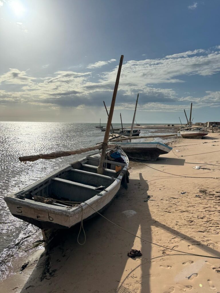 Empty boats line the sunny coast of Banc d'Arguin, Mauritania.