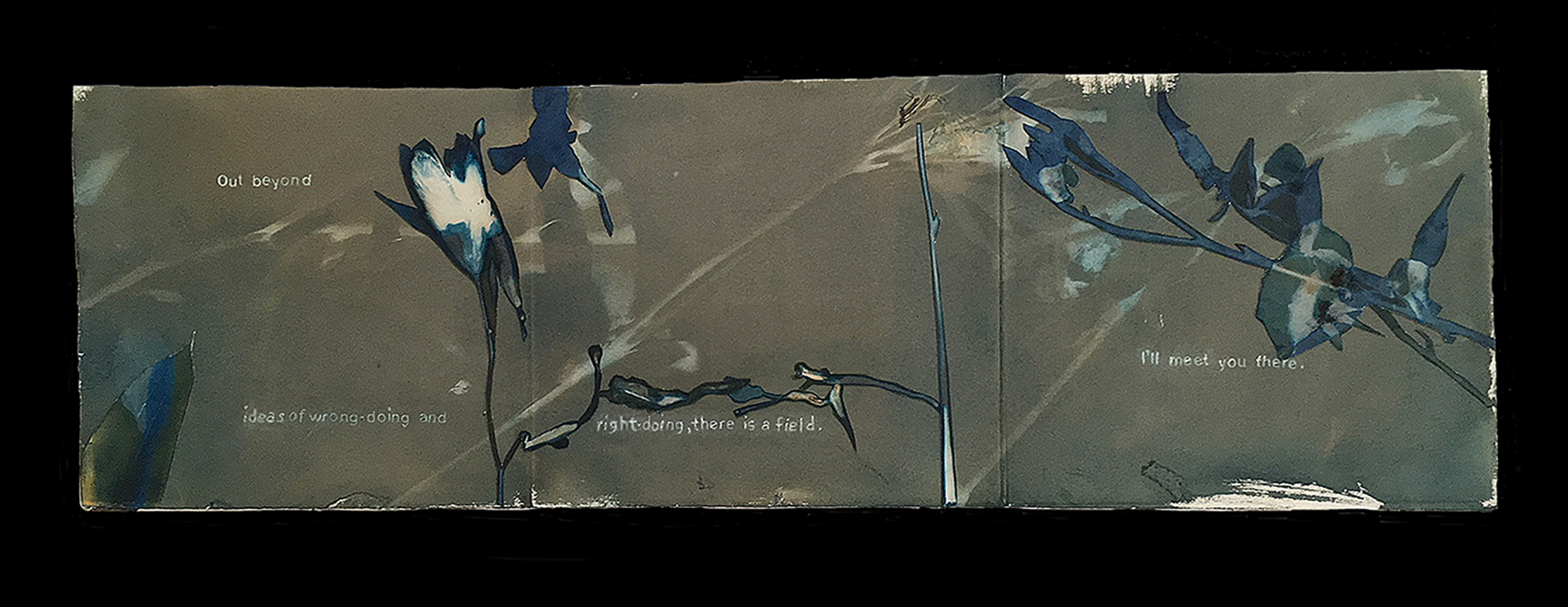 Triple spread showing van dyke brown print flowers, with lines of a poem by Rumi embedded