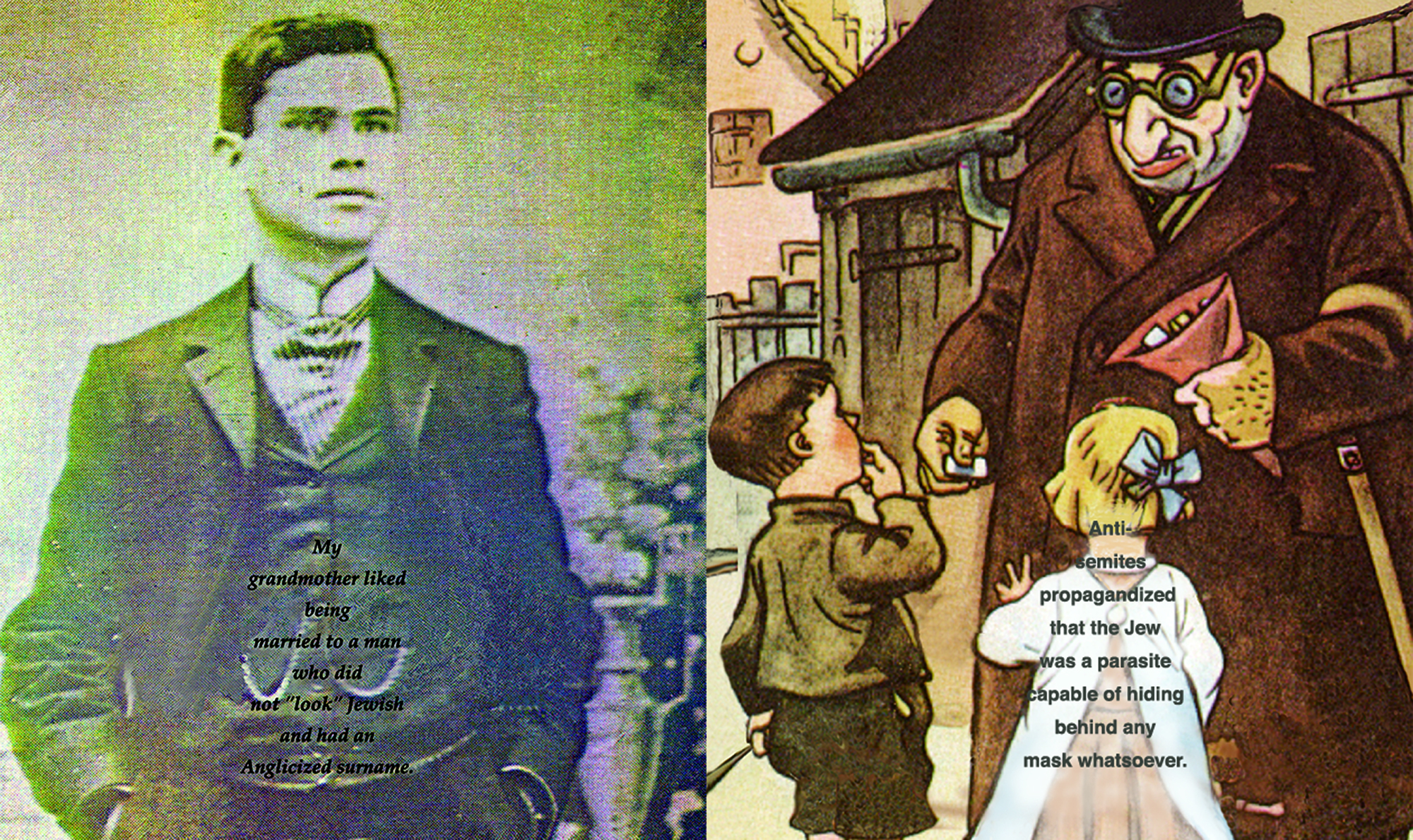 Inside pages, Confessions of a Jew, showing a photo of a young man, left, and a propaganda stereotype of a Jew, right