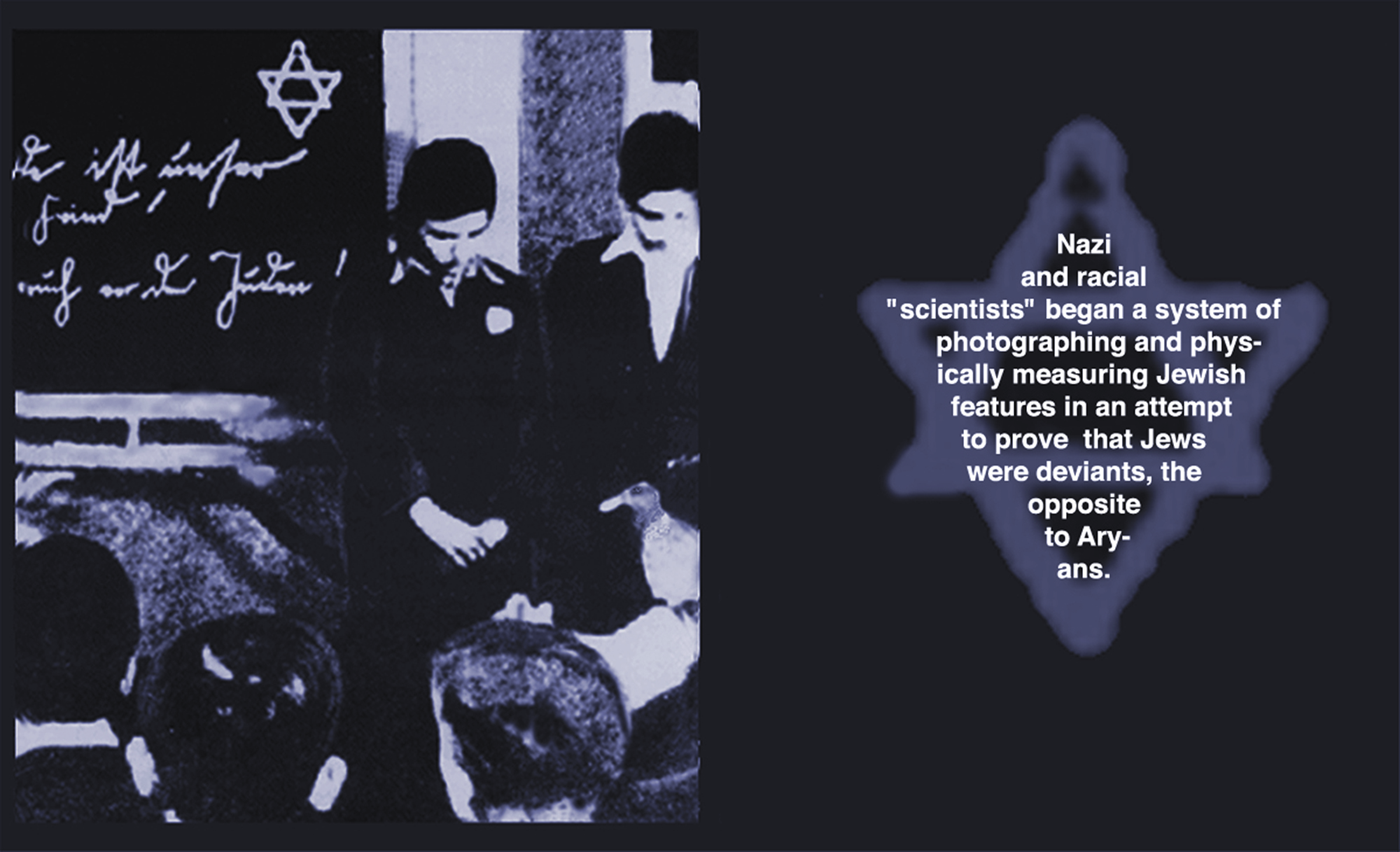 Inside pages, Confessions of a Jew, showing young adults in Hebrew school, left, and written words, right