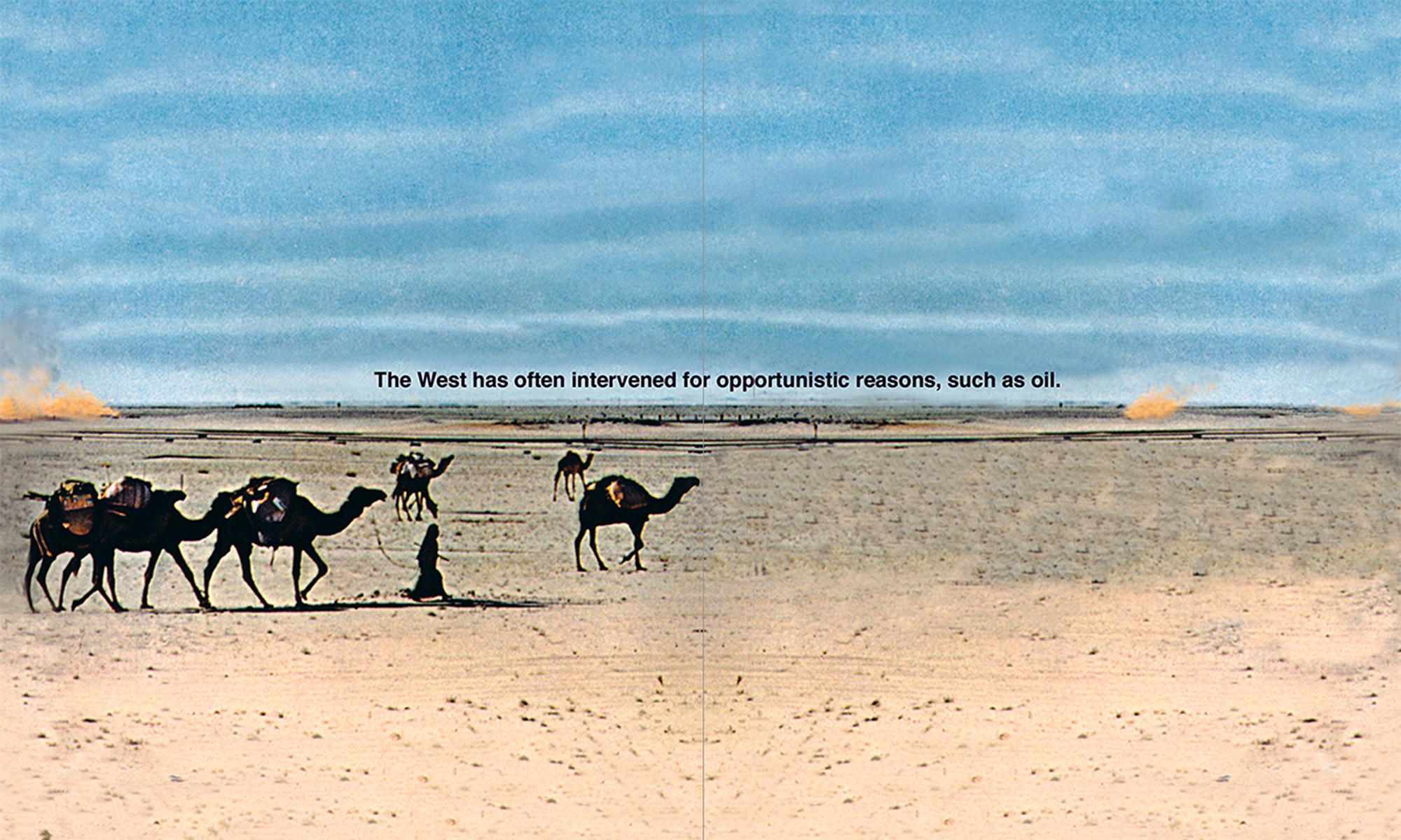 Inside pages, Confessions of a Jew, showing a desert scene with camels and words written on the horizon