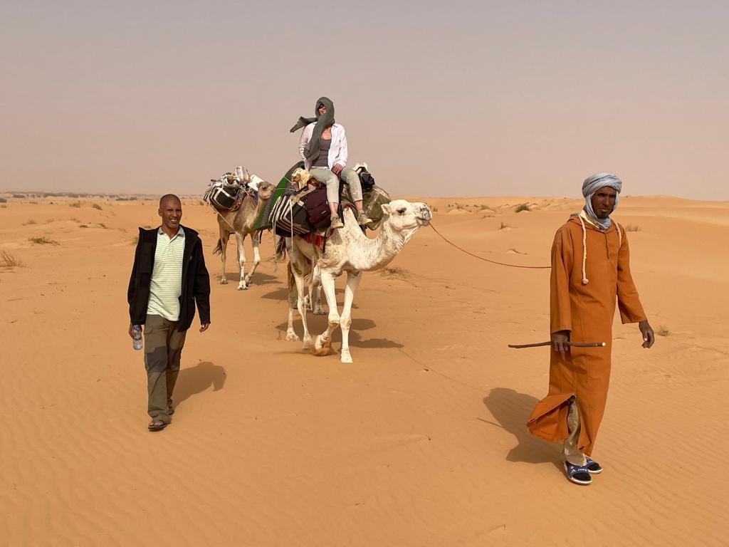 Tour guides escort a camel line through open desert